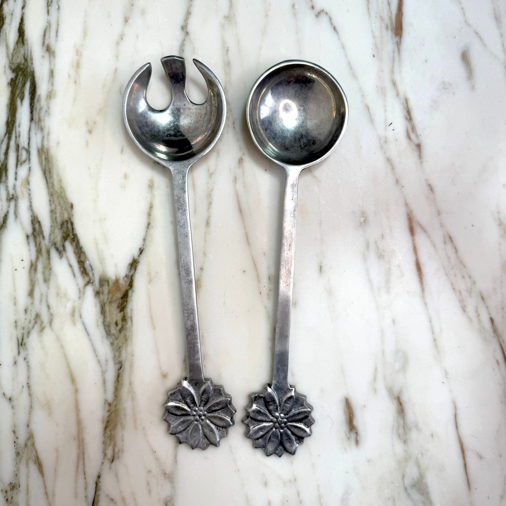 Vintage Indian Pewter Floral Salad Serving Spoon & Fork Set, Made in India